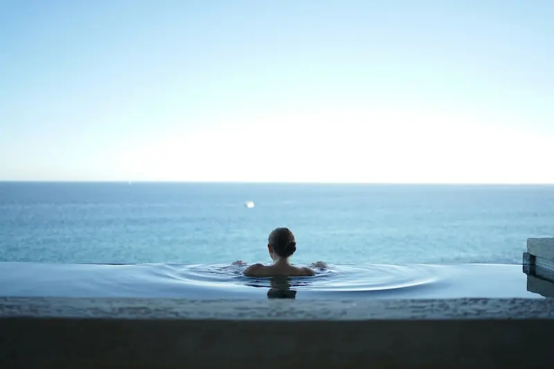 Santorini white cave architecture and plunge pool